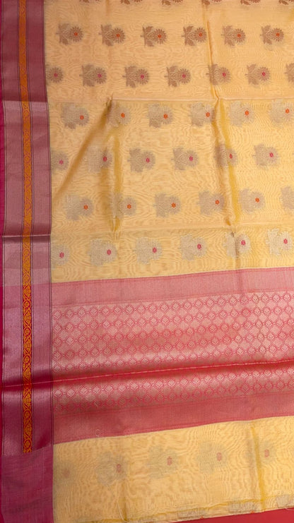 Faishana Presents Beige Woven Organza Pink Border With Pink Blouse Banarasi Saree