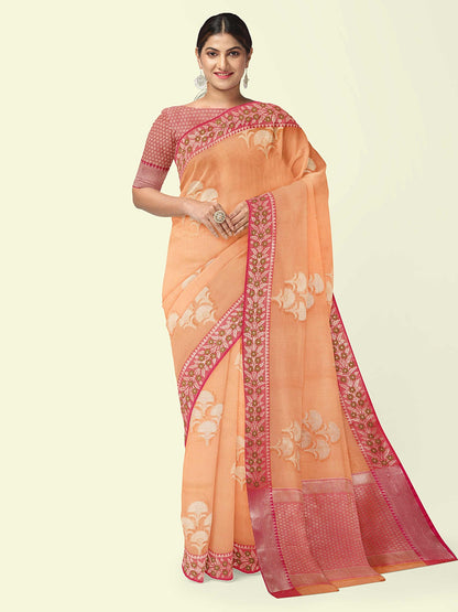 Faishana Presents Orange Woven Organza Pink Border With Pink Blouse Banarasi Saree