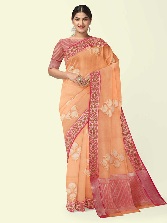 Faishana Presents Orange Woven Organza Pink Border With Pink Blouse Banarasi Saree