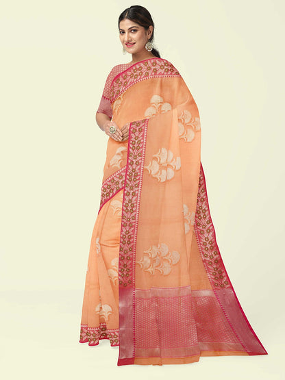 Faishana Presents Orange Woven Organza Pink Border With Pink Blouse Banarasi Saree