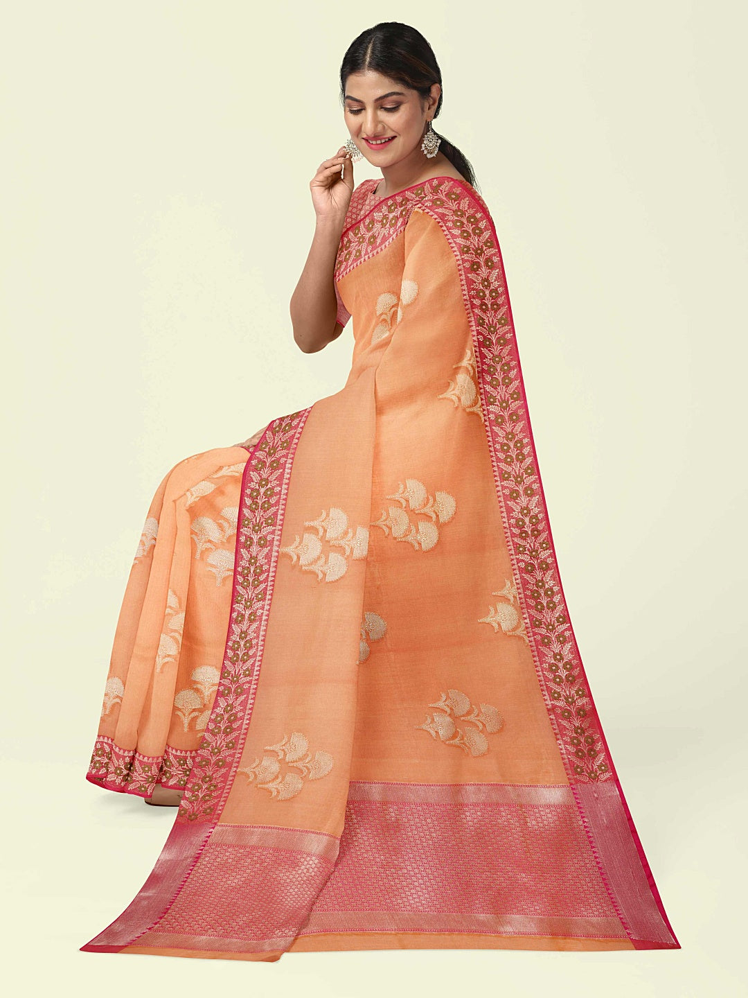 Faishana Presents Orange Woven Organza Pink Border With Pink Blouse Banarasi Saree