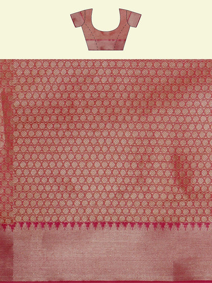 Faishana Presents Orange Woven Organza Pink Border With Pink Blouse Banarasi Saree