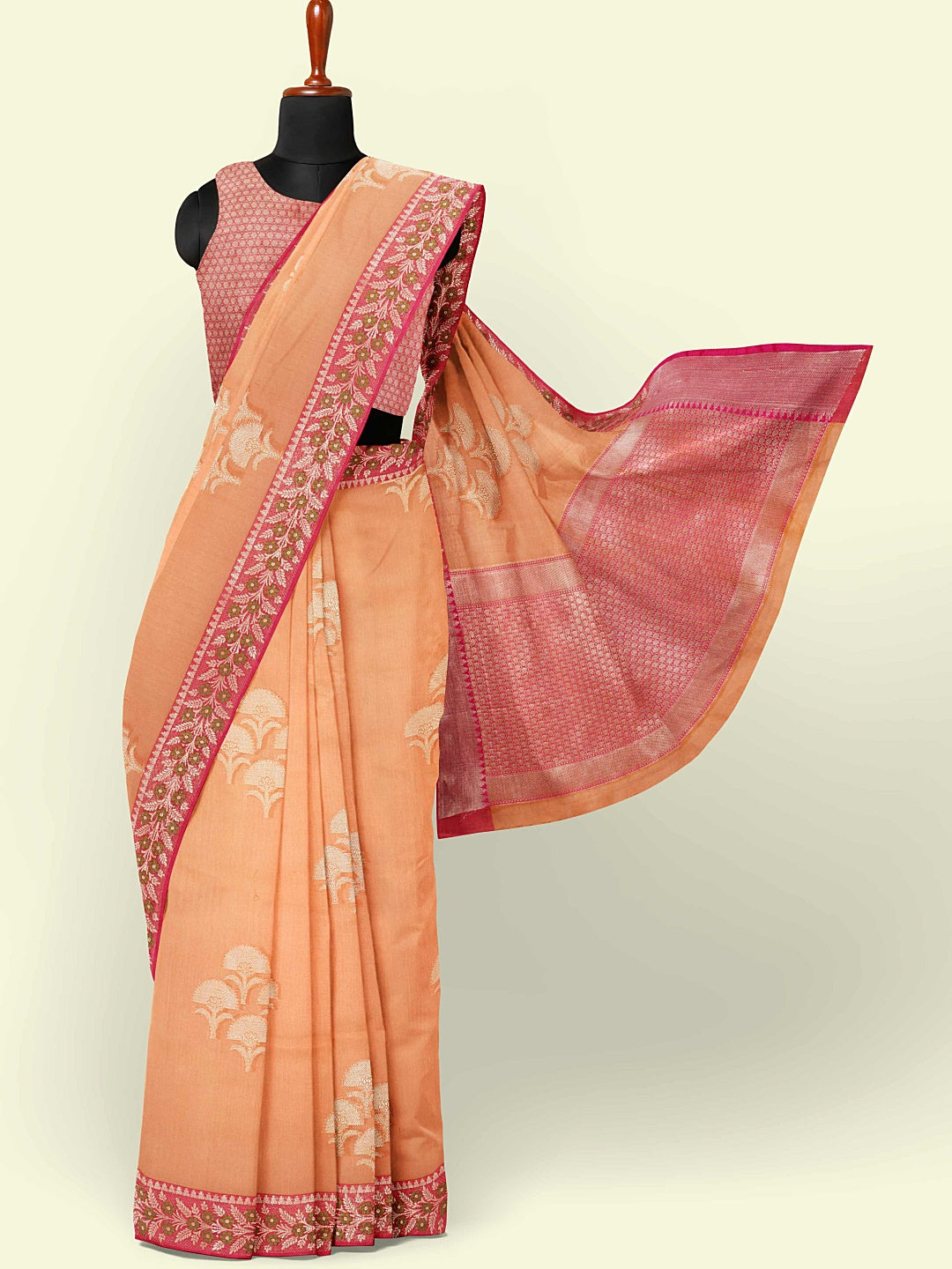Faishana Presents Orange Woven Organza Pink Border With Pink Blouse Banarasi Saree