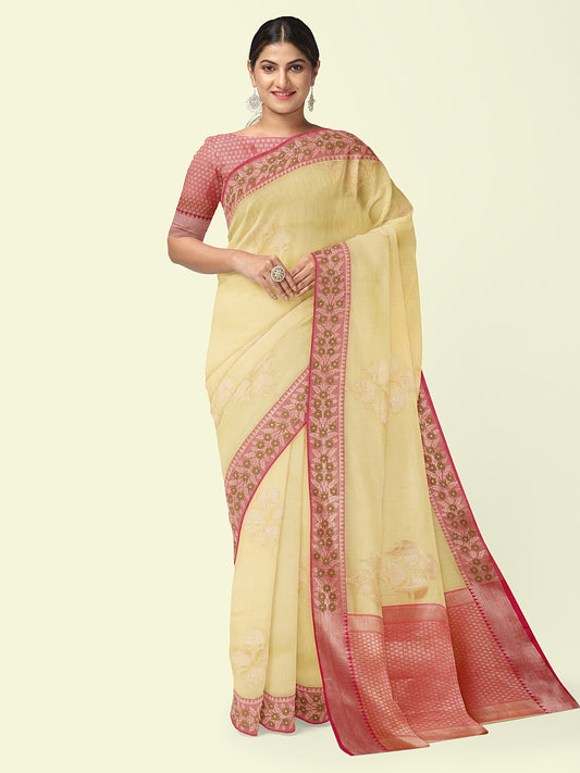 Faishana Presents Beige Woven Organza Pink Border With Pink Blouse Banarasi Saree