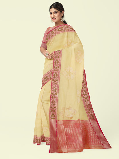 Faishana Presents Beige Woven Organza Pink Border With Pink Blouse Banarasi Saree