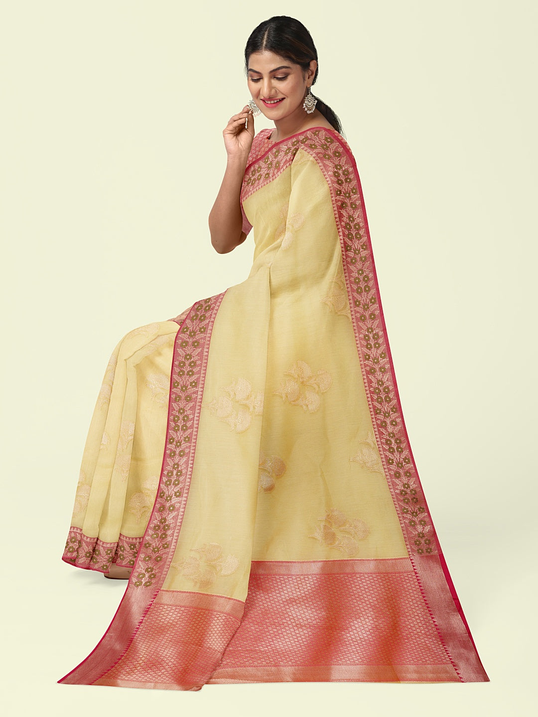 Faishana Presents Beige Woven Organza Pink Border With Pink Blouse Banarasi Saree