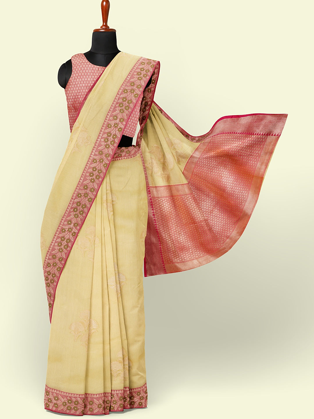 Faishana Presents Beige Woven Organza Pink Border With Pink Blouse Banarasi Saree