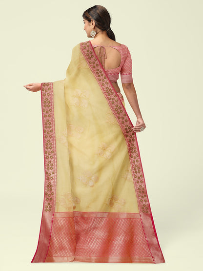 Faishana Presents Beige Woven Organza Pink Border With Pink Blouse Banarasi Saree