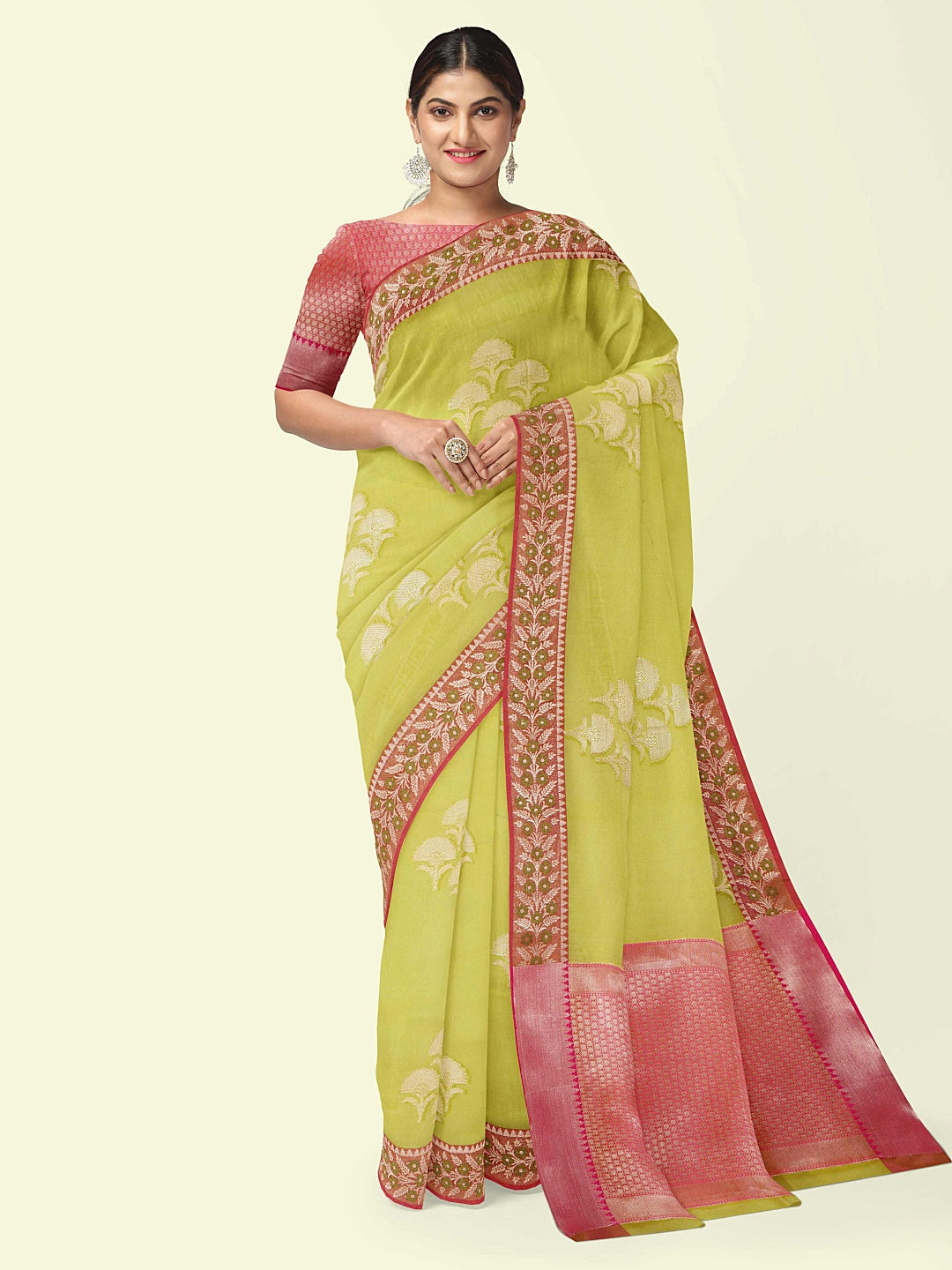 Faishana Presents Green Woven Organza Maroon Border With Maroon Blouse Banarasi Saree