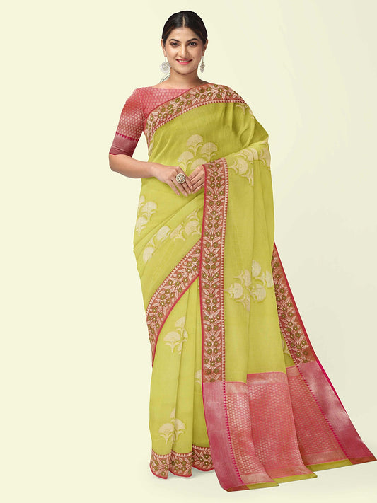 Faishana Presents Green Woven Organza Maroon Border With Maroon Blouse Banarasi Saree