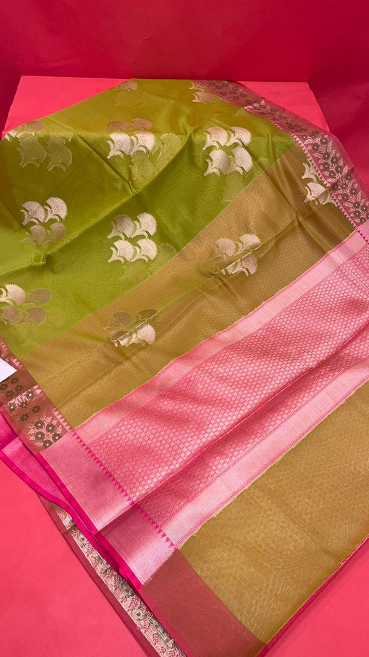 Green Cotton Blend Banarasi Sarees For Women GEHKR 25