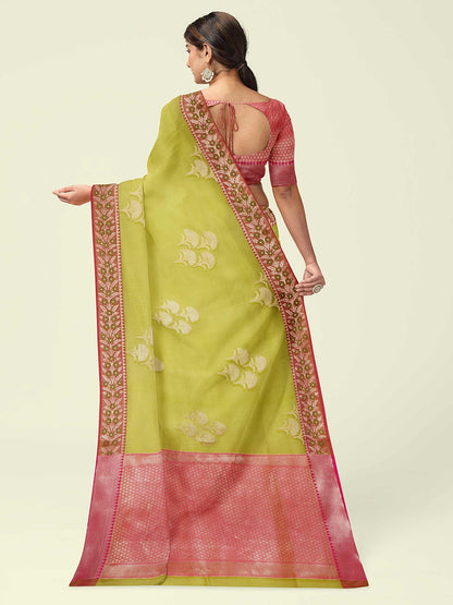 Green Cotton Blend Banarasi Sarees For Women GEHKR 25
