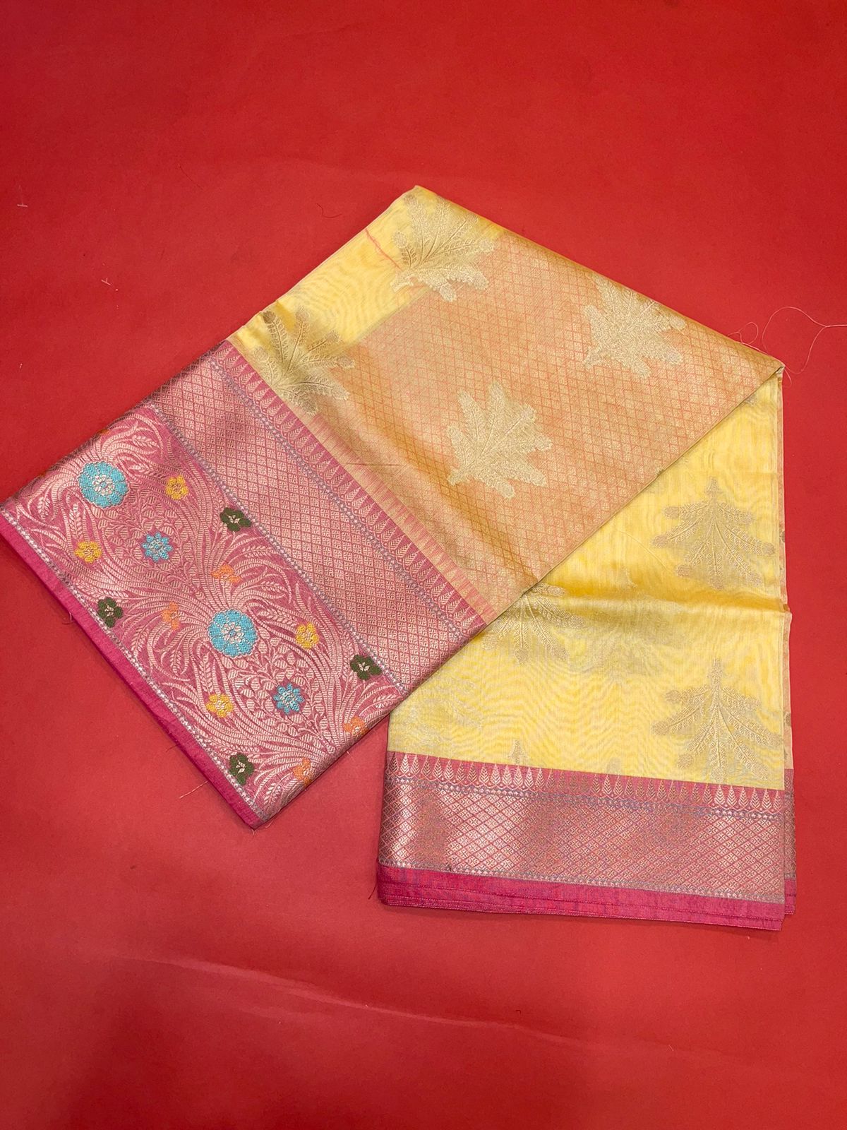 Faishana Presents Yellow Woven Organza Skirt Border With Pink Blouse Banarasi Saree