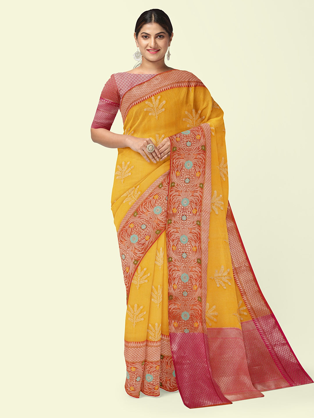 Yellow Cotton Blend Banarasi Sarees For Women GEHKR 2