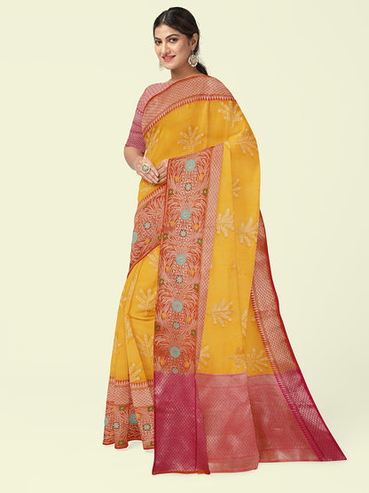 Faishana Presents Yellow Woven Organza Skirt Border With Pink Blouse Banarasi Saree