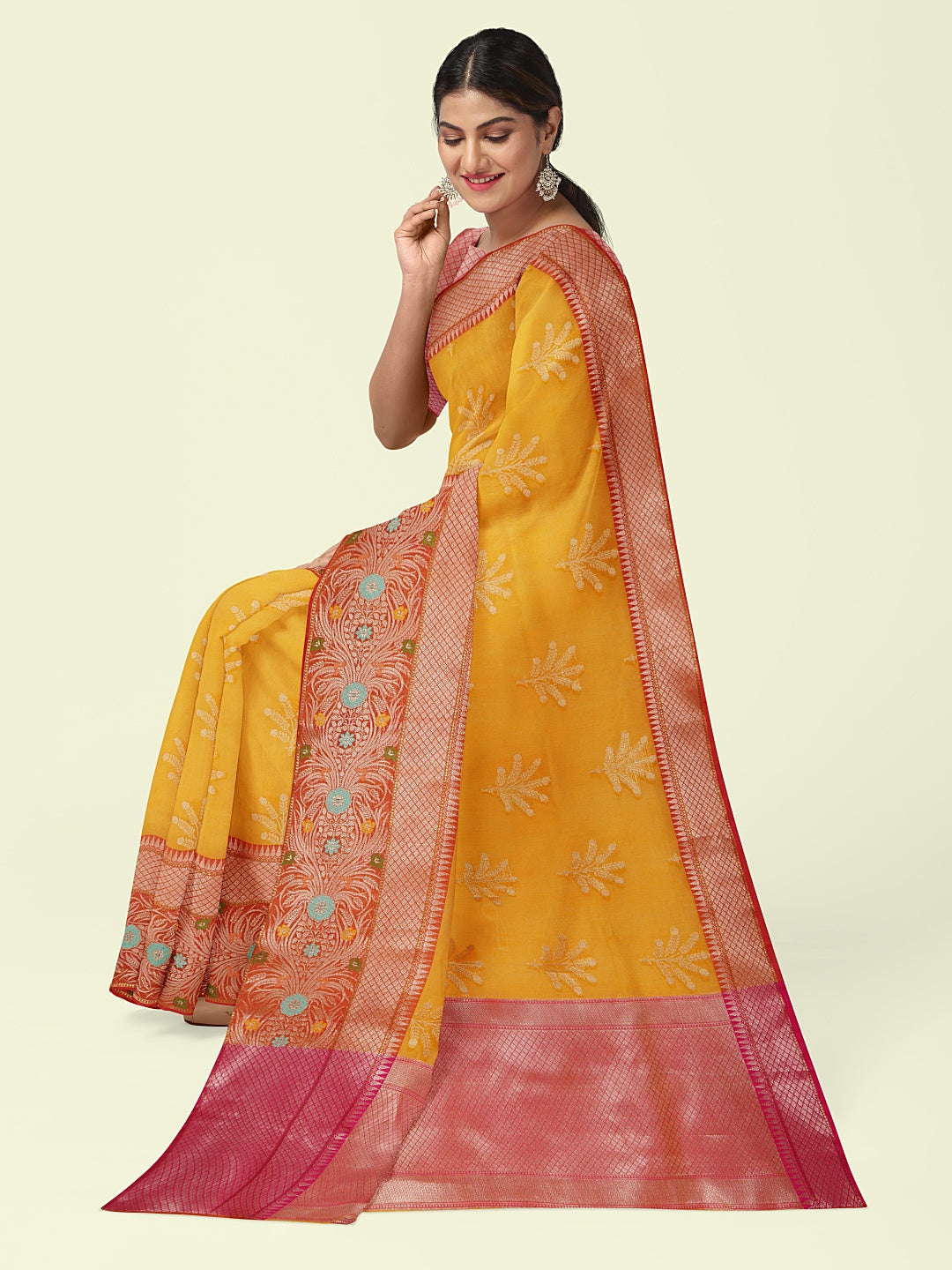 Yellow Cotton Blend Banarasi Sarees For Women GEHKR 2