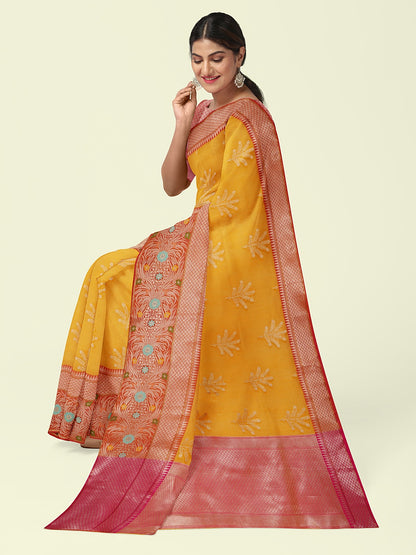 Yellow Cotton Blend Banarasi Sarees For Women GEHKR 2