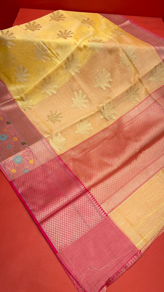 Yellow Cotton Blend Banarasi Sarees For Women GEHKR 2