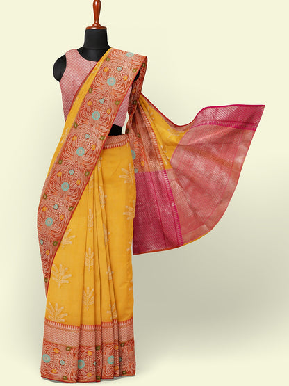 Yellow Cotton Blend Banarasi Sarees For Women GEHKR 2
