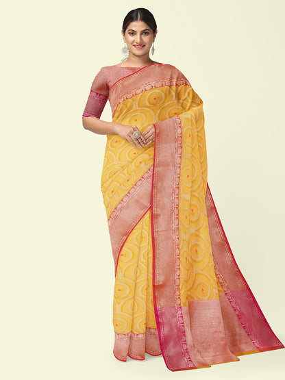 Faishana Presents Yellow Woven Organza Pink Border With Pink Blouse Banarasi Saree