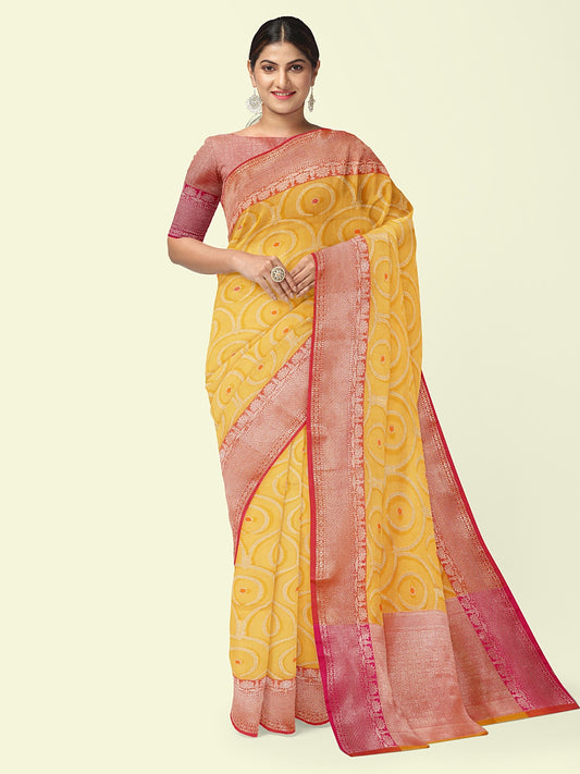 Faishana Presents Yellow Woven Organza Pink Border With Pink Blouse Banarasi Saree