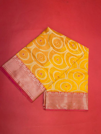 Faishana Presents Yellow Woven Organza Pink Border With Pink Blouse Banarasi Saree