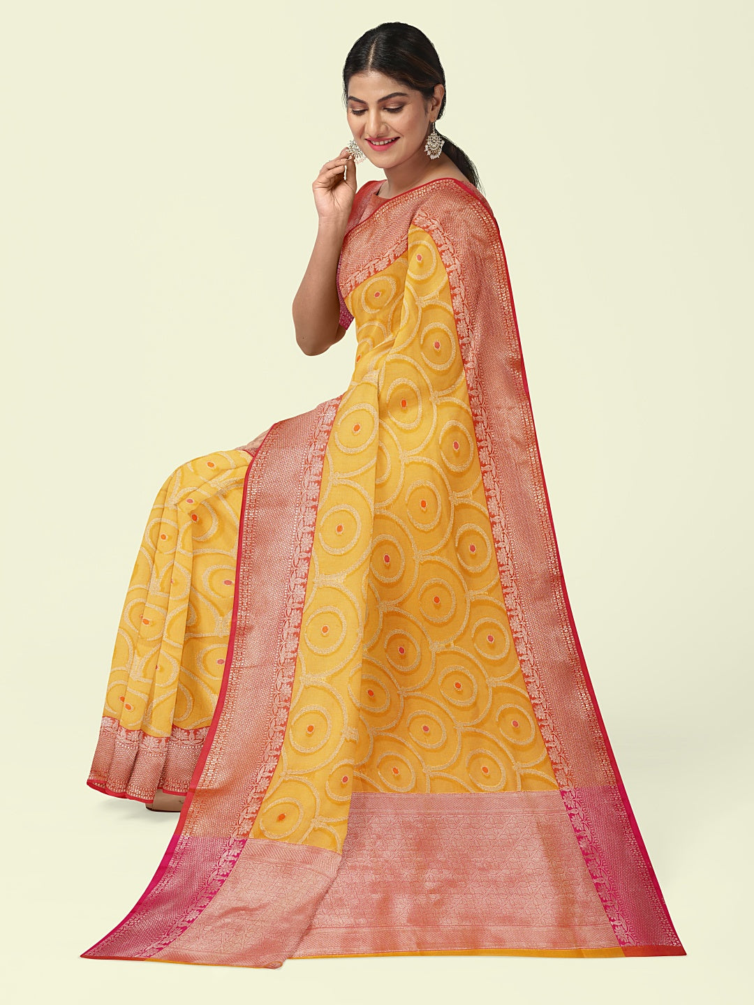 Yellow Cotton Blend Banarasi Sarees For Women GEHKR 30