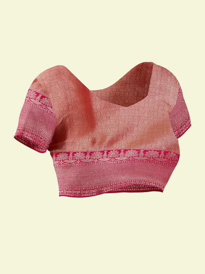 Faishana Presents Yellow Woven Organza Pink Border With Pink Blouse Banarasi Saree