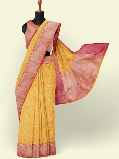 Faishana Presents Yellow Woven Organza Pink Border With Pink Blouse Banarasi Saree