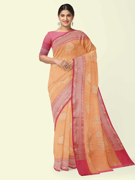 Faishana Presents Orange Woven Organza Pink Border With Pink Blouse Banarasi Saree