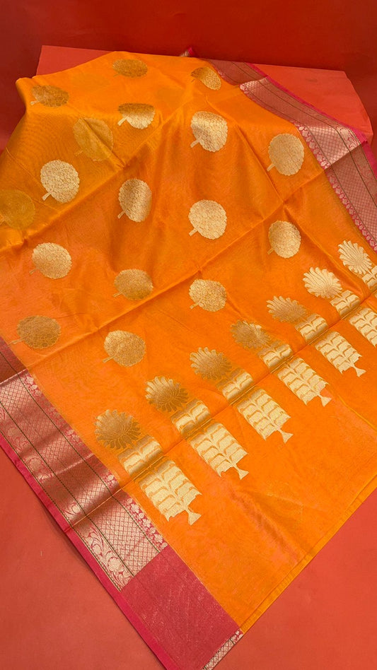 Orange Cotton Blend Banarasi Sarees For Women GEHKR 39