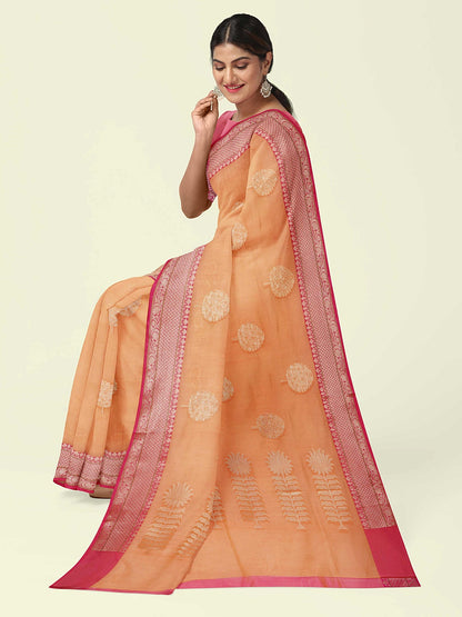 Orange Cotton Blend Banarasi Sarees For Women GEHKR 39