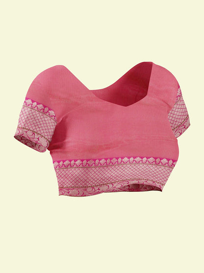 Faishana Presents Orange Woven Organza Pink Border With Pink Blouse Banarasi Saree