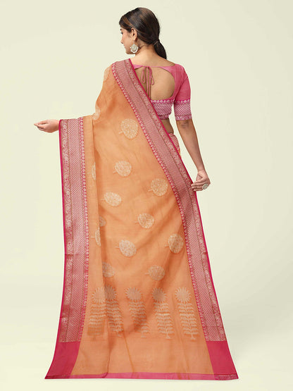 Faishana Presents Orange Woven Organza Pink Border With Pink Blouse Banarasi Saree