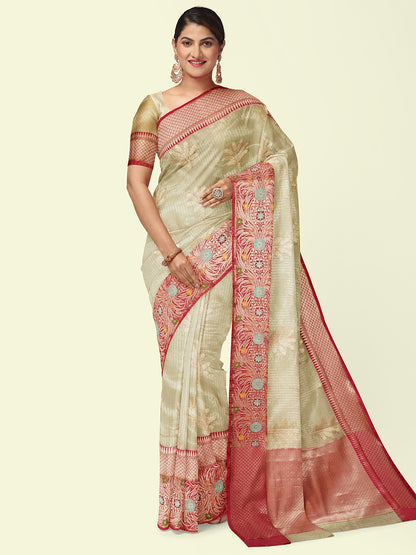 Faishana Presents Greenish Woven Organza Magenta Border With Magenta Blouse Banarasi Saree