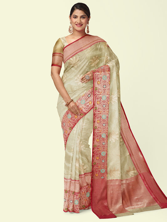 Faishana Presents Greenish Woven Organza Magenta Border With Magenta Blouse Banarasi Saree