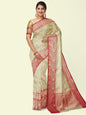 Faishana Presents Greenish Woven Organza Magenta Border With Magenta Blouse Banarasi Saree