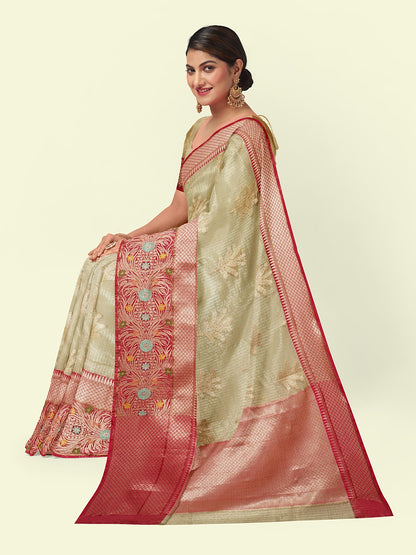 Faishana Presents Greenish Woven Organza Magenta Border With Magenta Blouse Banarasi Saree