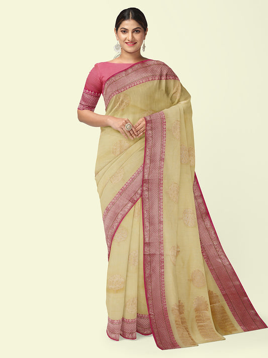 Faishana Presents Beige Woven Organza Pink Border With Pink Blouse Banarasi Saree