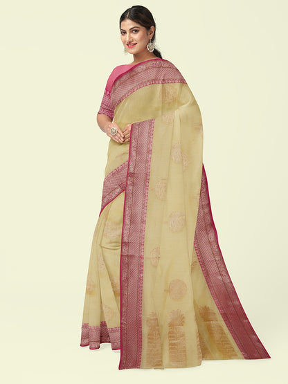 Beige Cotton Blend Banarasi Sarees For Women GEHKR 40