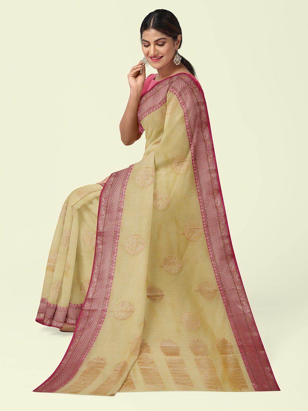 Beige Cotton Blend Banarasi Sarees For Women GEHKR 40