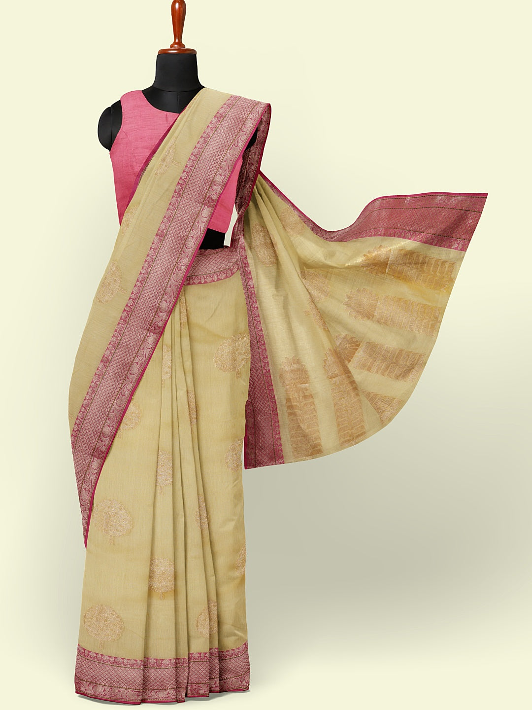 Beige Cotton Blend Banarasi Sarees For Women GEHKR 40