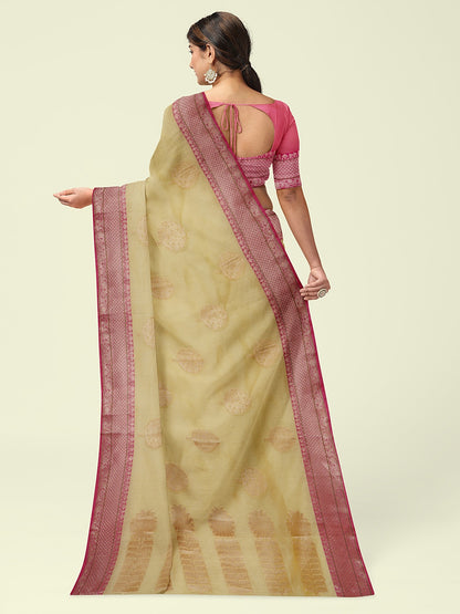 Faishana Presents Beige Woven Organza Pink Border With Pink Blouse Banarasi Saree