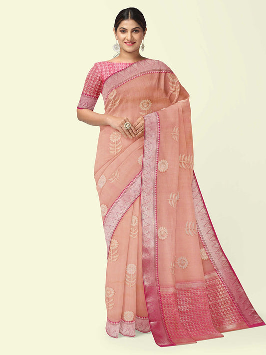 Faishana Presents Pink Woven Organza Pink Border With Pink Blouse Banarasi Saree