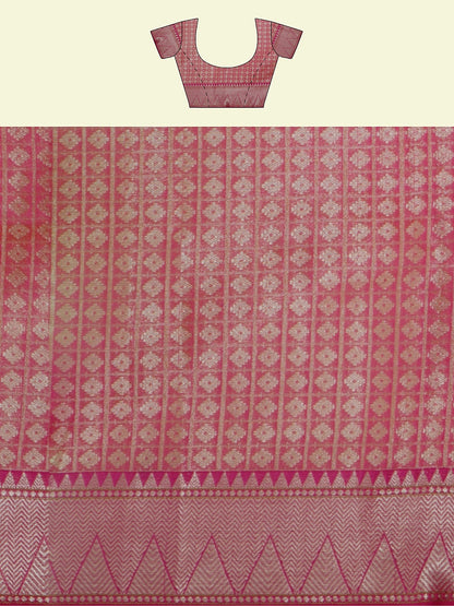 Faishana Presents Gold Woven Organza Maroon Border With Maroon Blouse Banarasi Saree