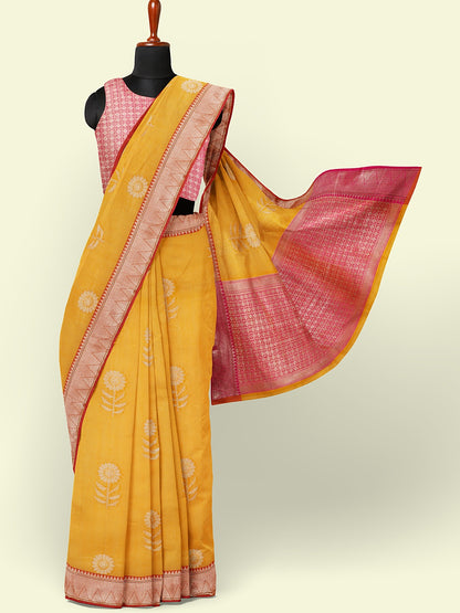 Faishana Presents Gold Woven Organza Maroon Border With Maroon Blouse Banarasi Saree