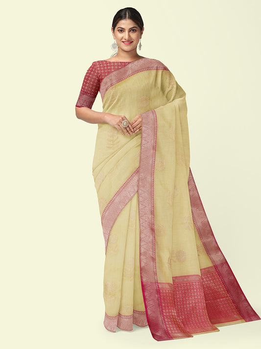 Beige Cotton Blend Banarasi Sarees For Women GEHKR 43