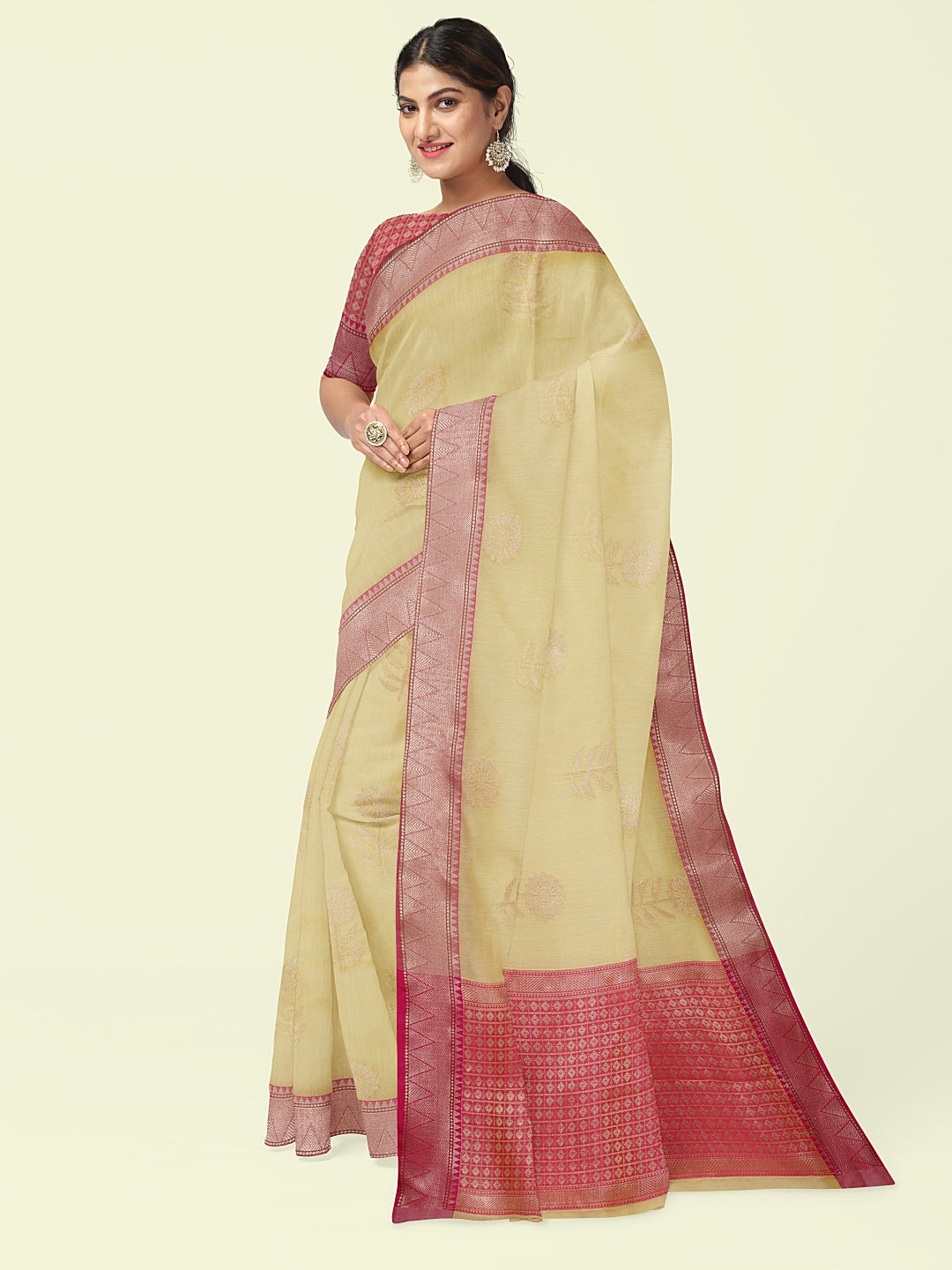 Beige Cotton Blend Banarasi Sarees For Women GEHKR 43