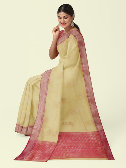 Beige Cotton Blend Banarasi Sarees For Women GEHKR 43
