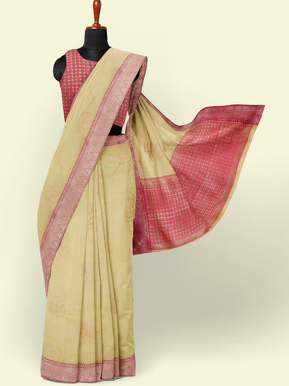 Beige Cotton Blend Banarasi Sarees For Women GEHKR 43